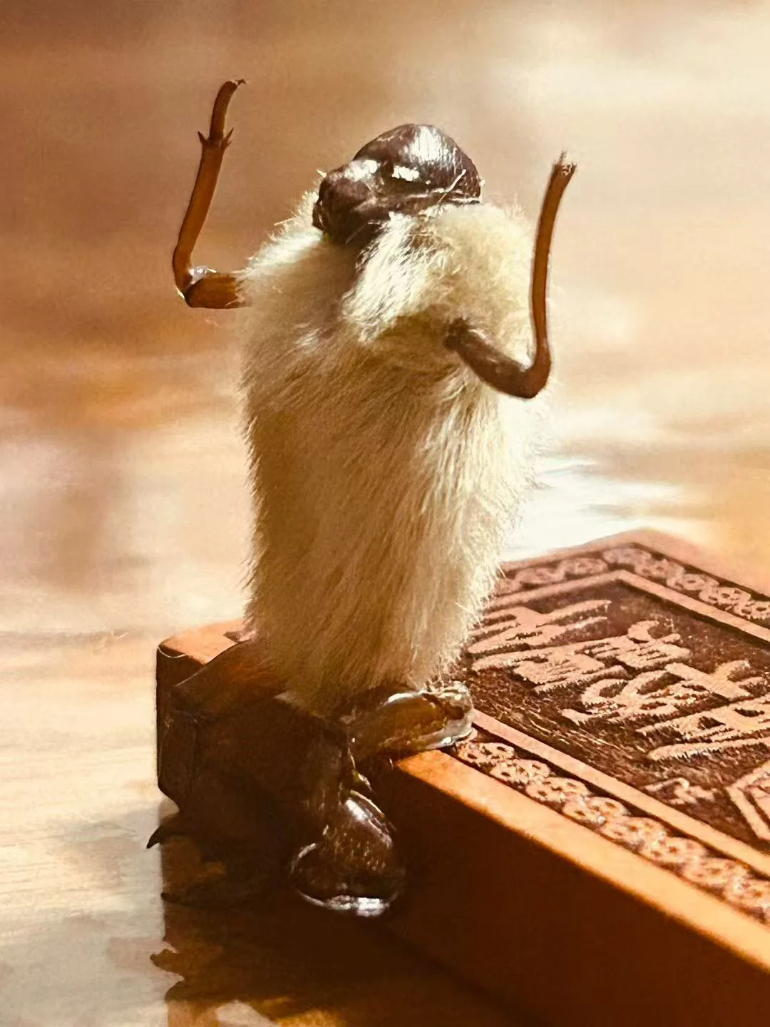 A handmade Beijing hairy monkey figure with raised arms, photographed in warm light.